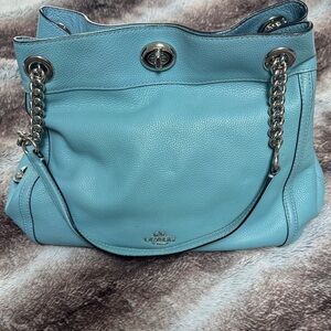 Coach Pebbled Leather Shoulder Bag in Turquoise Blue with Silver Hardware